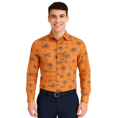 Palm Tree Print Orange Long Sleeve Shirt for Men