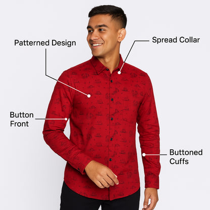 Red Casual Button-Up Shirt with Sailing Print