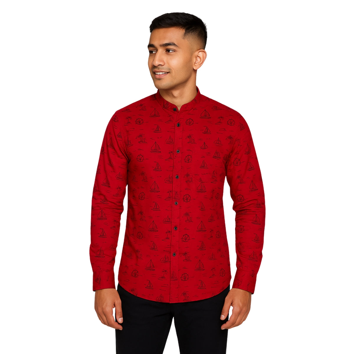 Red Casual Button-Up Shirt with Sailing Print