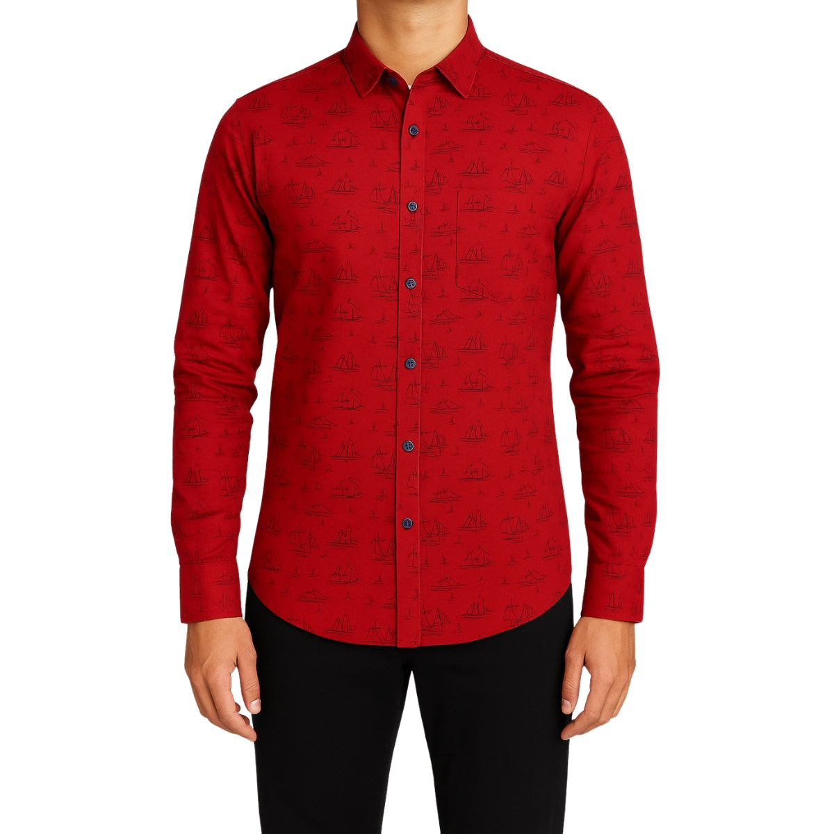 Red Casual Button-Up Shirt with Sailing Print
