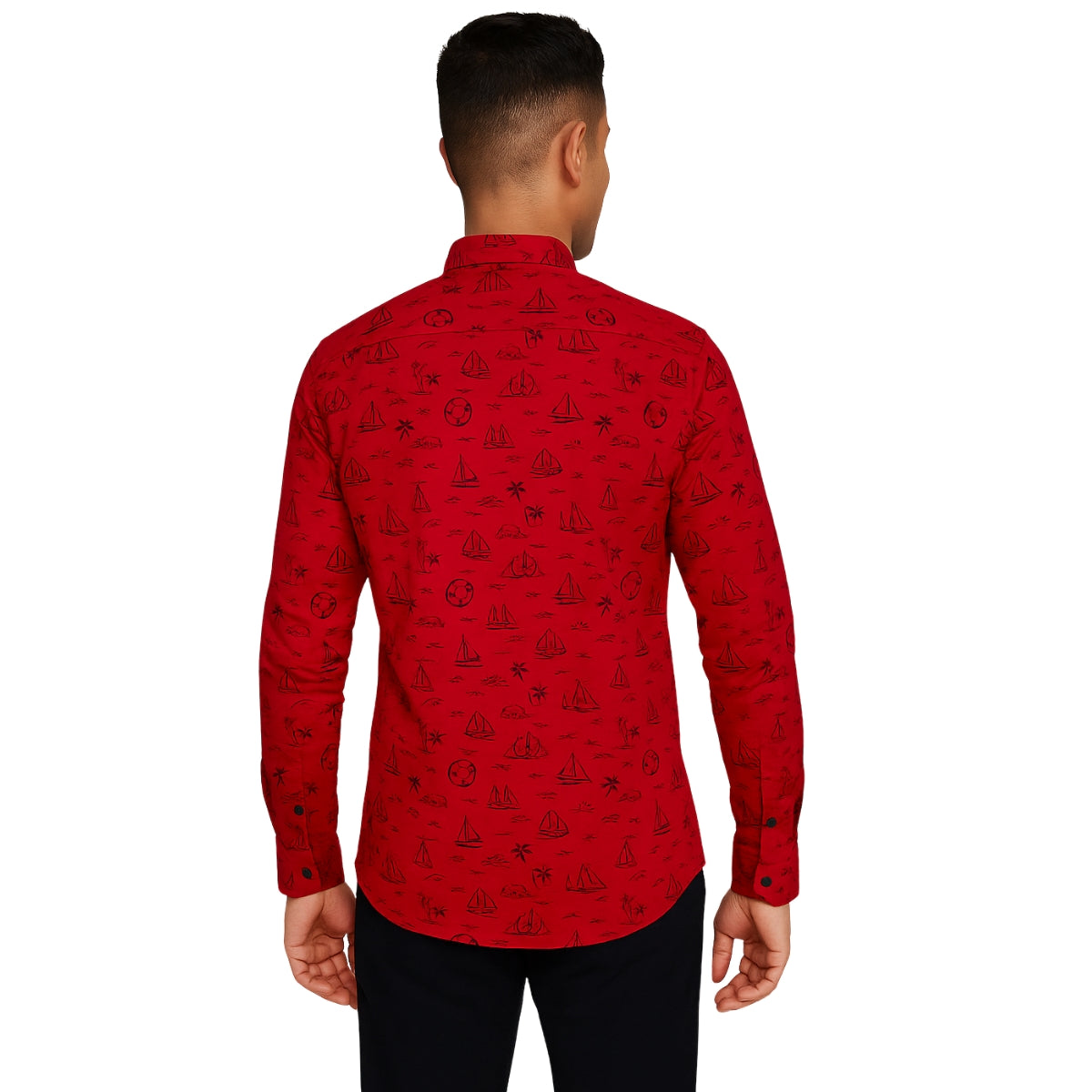 Red Casual Button-Up Shirt with Sailing Print