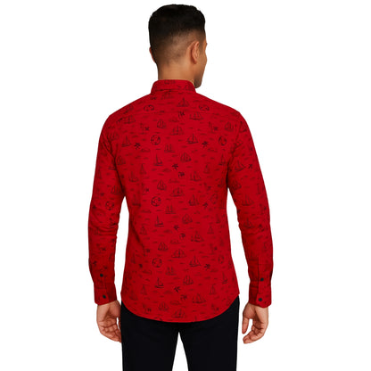 Red Casual Button-Up Shirt with Sailing Print
