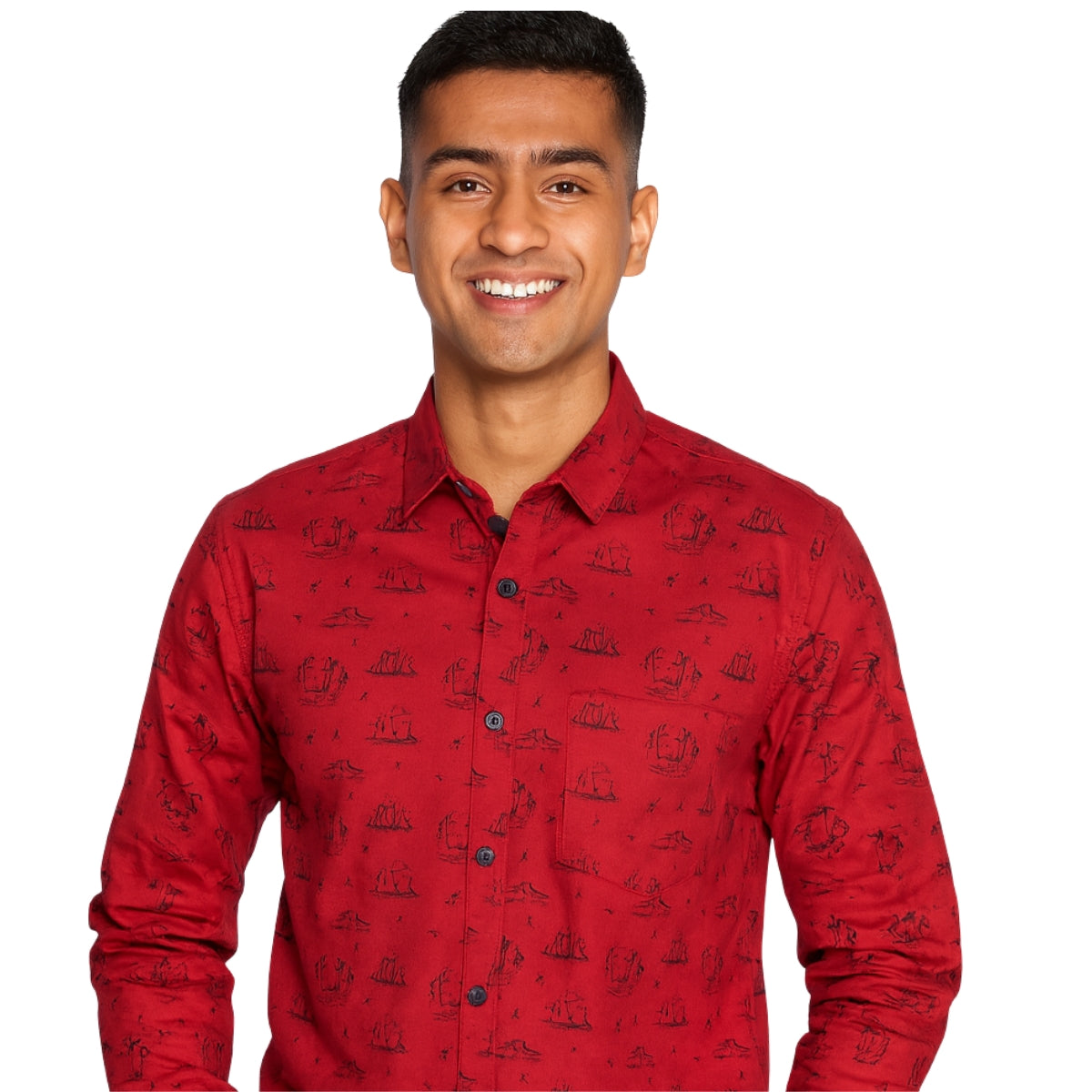 Red Casual Button-Up Shirt with Sailing Print