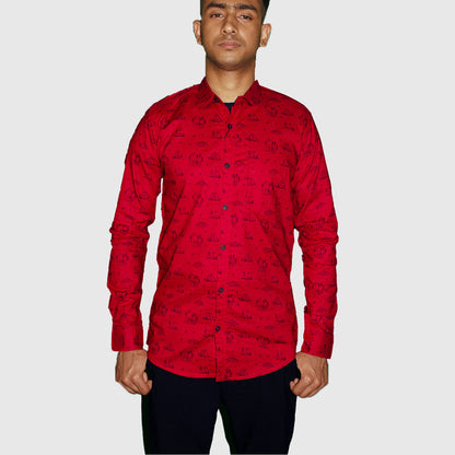 Red Casual Button-Up Shirt with Sailing Print