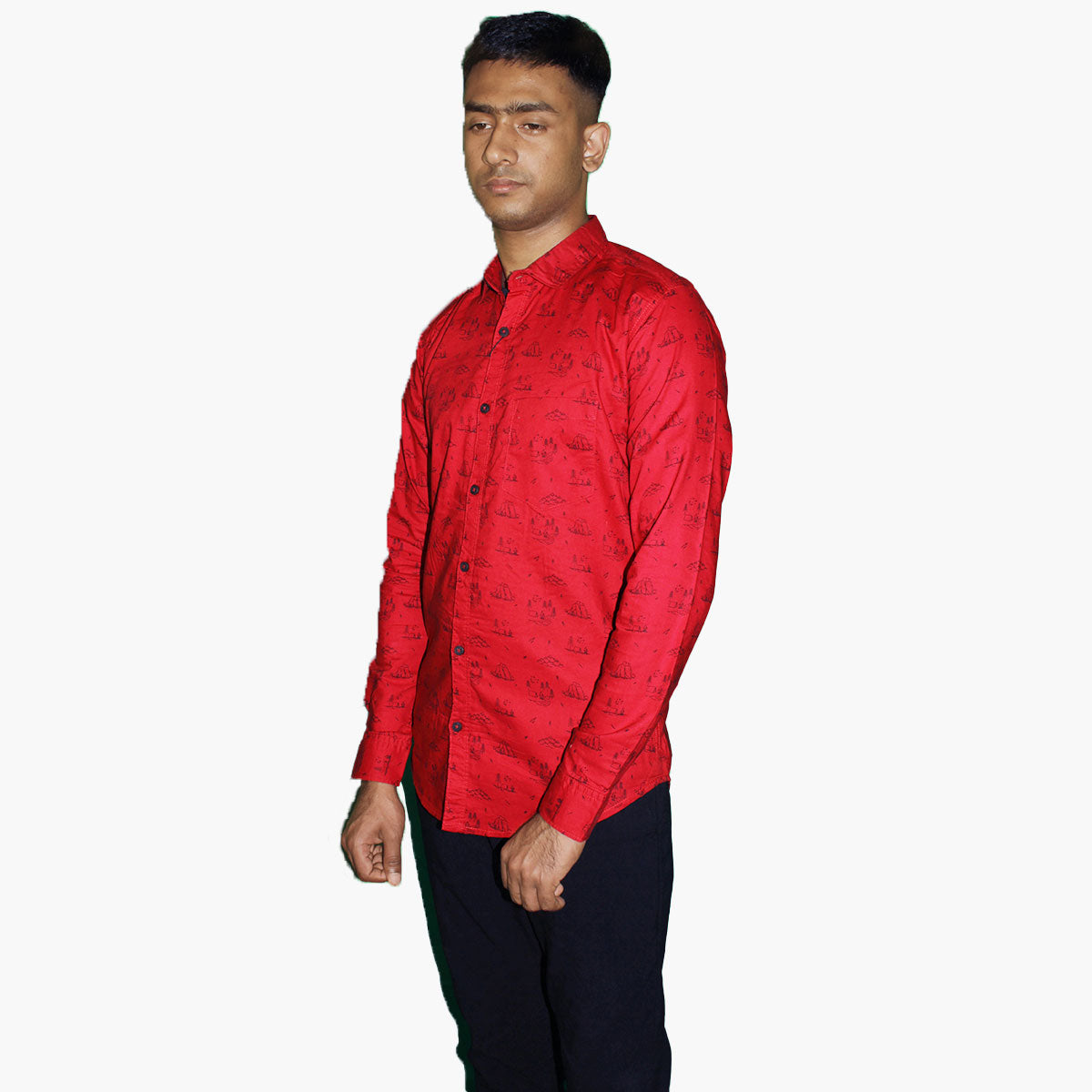 Red Casual Button-Up Shirt with Sailing Print