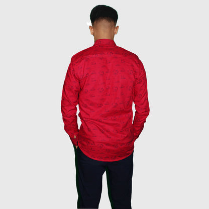 Red Casual Button-Up Shirt with Sailing Print