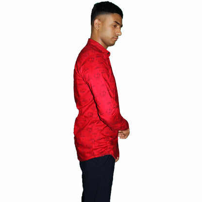 Red Casual Button-Up Shirt with Sailing Print
