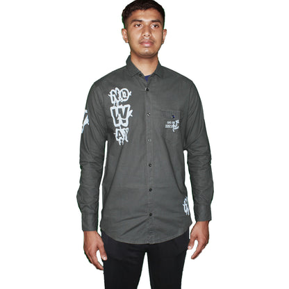 Graphic Print Button-Up Shirt - Olive Green