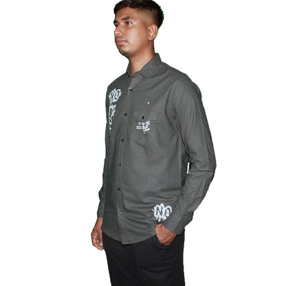 Graphic Print Button-Up Shirt - Olive Green