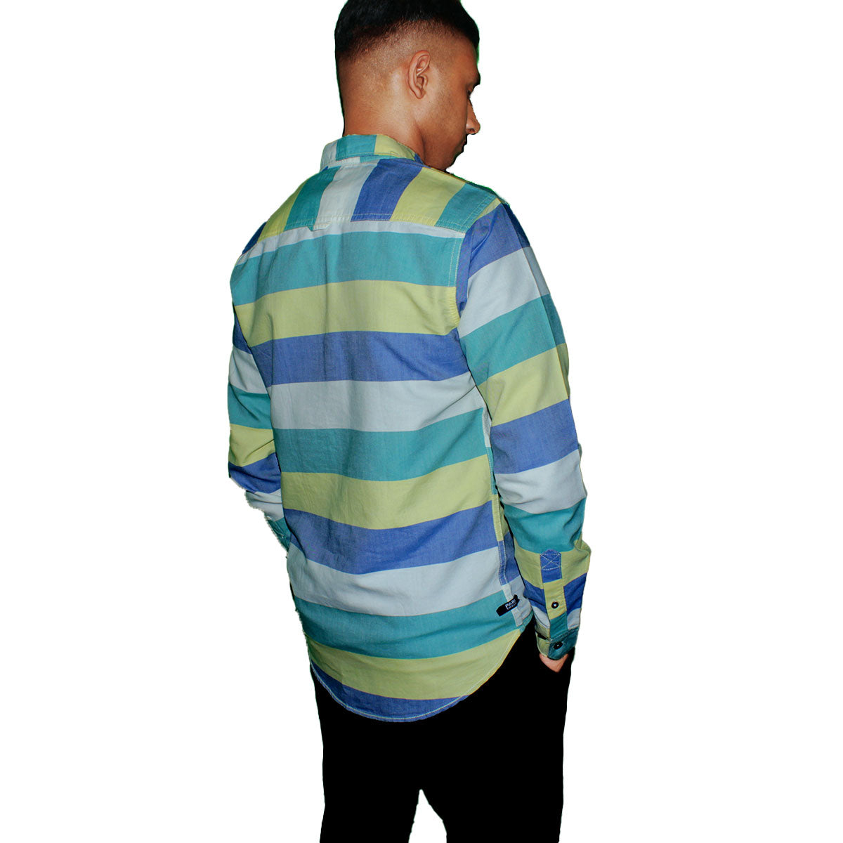 Multi-Stripe Button-Up Shirt - Blue, Yellow & Green