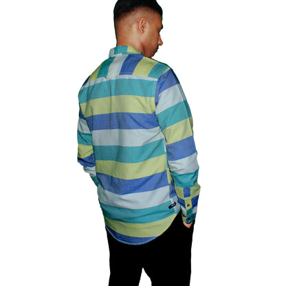 Multi-Stripe Button-Up Shirt - Blue, Yellow & Green