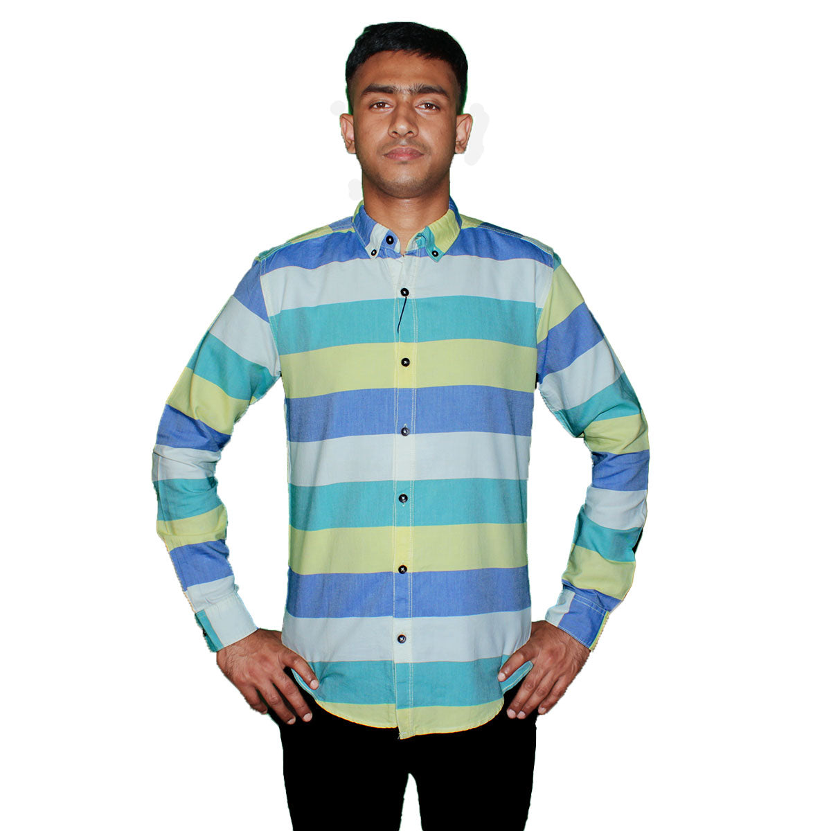 Multi-Stripe Button-Up Shirt - Blue, Yellow & Green