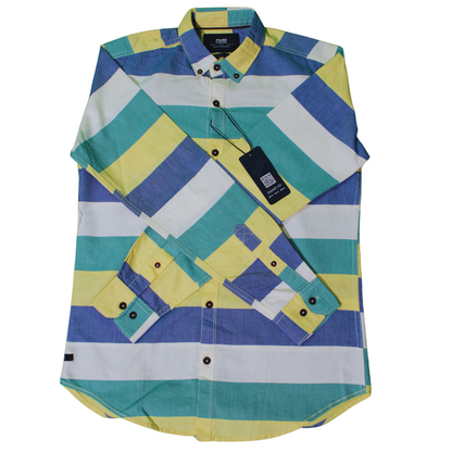 Multi-Stripe Button-Up Shirt - Blue, Yellow & Green