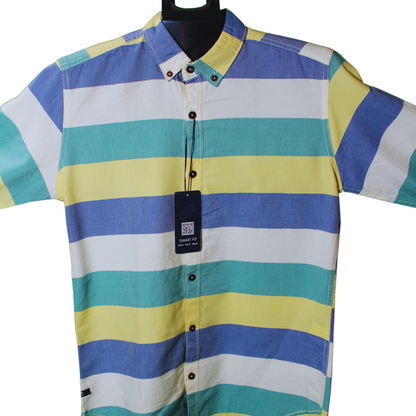 Multi-Stripe Button-Up Shirt - Blue, Yellow & Green
