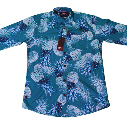 Pineapple Print Button-Up Shirt - Teal