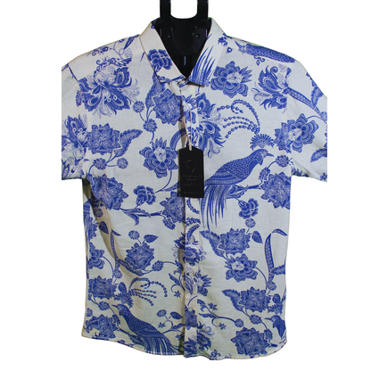 Blue Floral Patterned Long Sleeve Shirt for Men