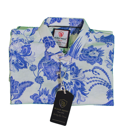 Blue Floral Patterned Long Sleeve Shirt for Men