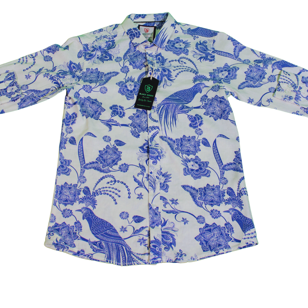 Blue Floral Patterned Long Sleeve Shirt for Men