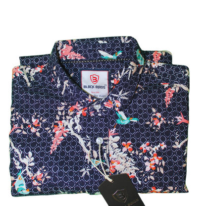 Floral Bird Print Button-Up Shirt
