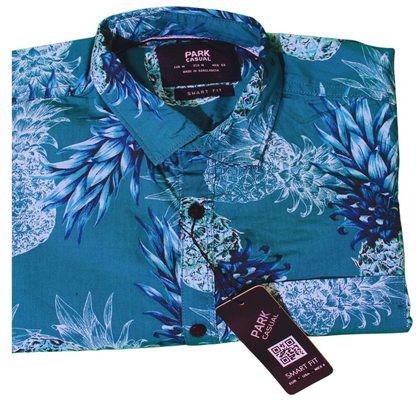 Pineapple Print Button-Up Shirt - Teal
