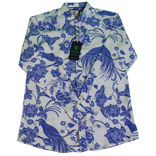 Blue Floral Patterned Long Sleeve Shirt for Men