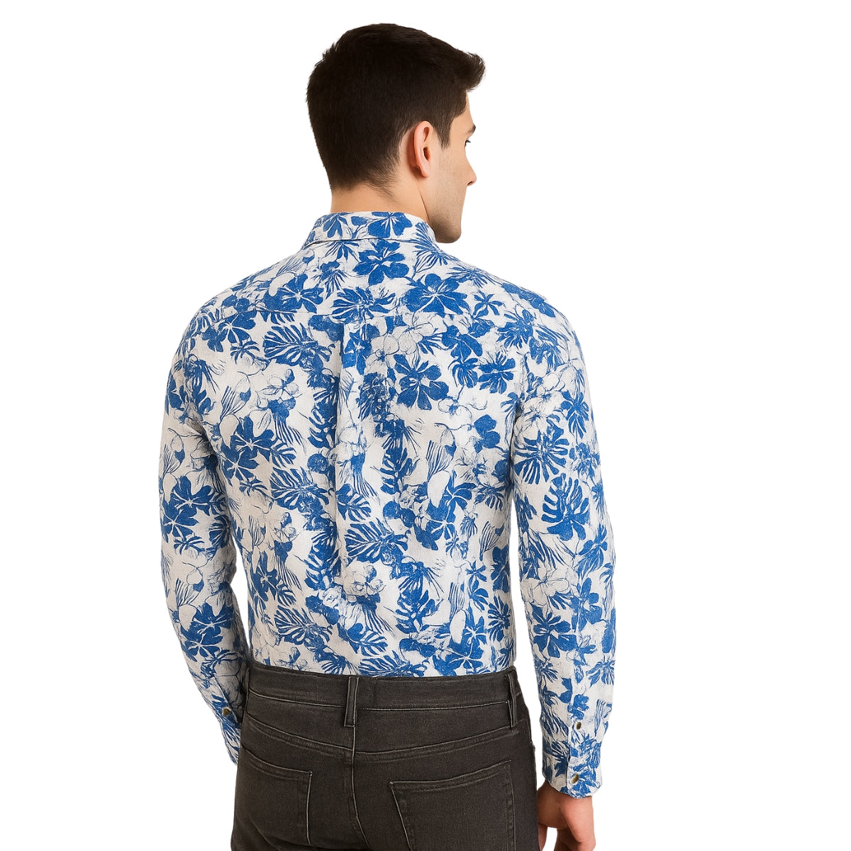 Tropical Floral Navy Blue Long Sleeve Shirt for Men