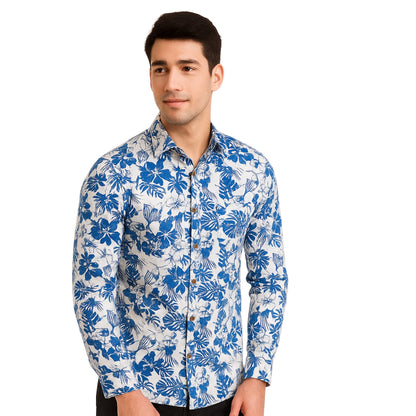 Tropical Floral Navy Blue Long Sleeve Shirt for Men