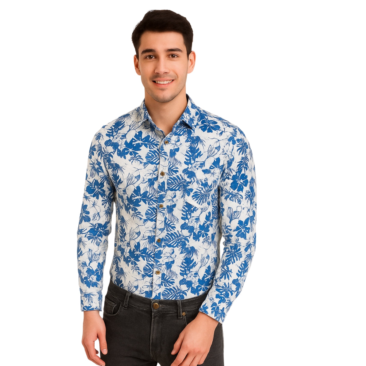 Tropical Floral Navy Blue Long Sleeve Shirt for Men