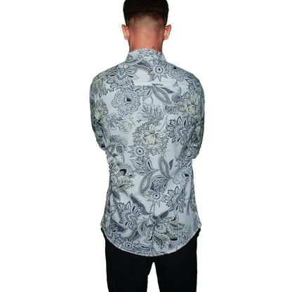 Floral Paisley Print Button-Up Shirt - White & Black