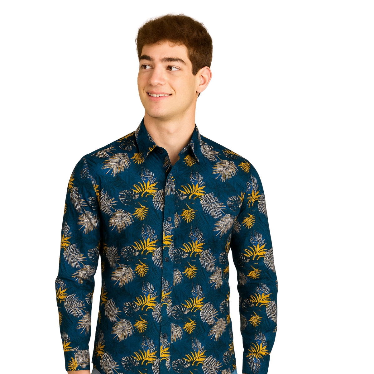 Yellow and Blue Tropical Print Long Sleeve Shirt for Men