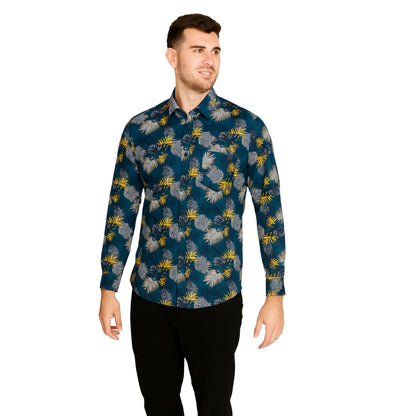 Yellow and Blue Tropical Print Long Sleeve Shirt for Men