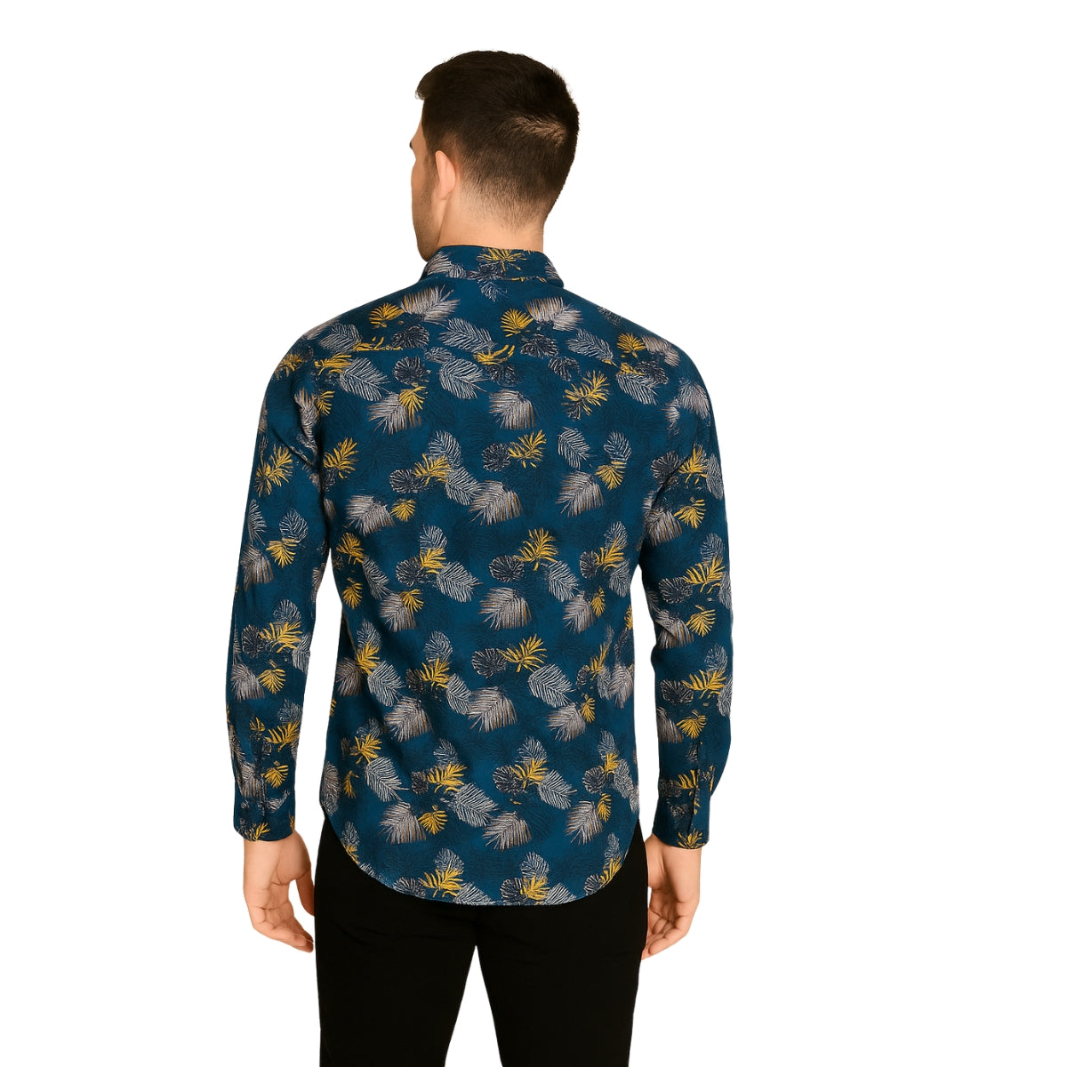 Yellow and Blue Tropical Print Long Sleeve Shirt for Men