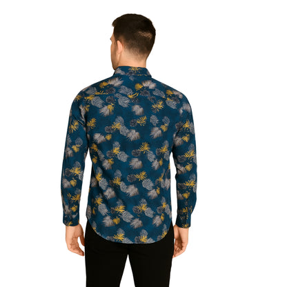 Yellow and Blue Tropical Print Long Sleeve Shirt for Men