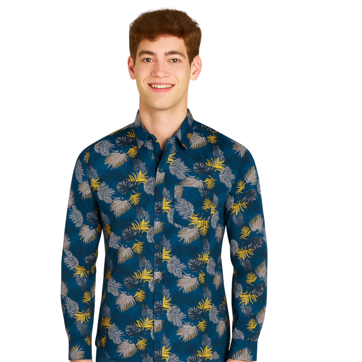 Yellow and Blue Tropical Print Long Sleeve Shirt for Men