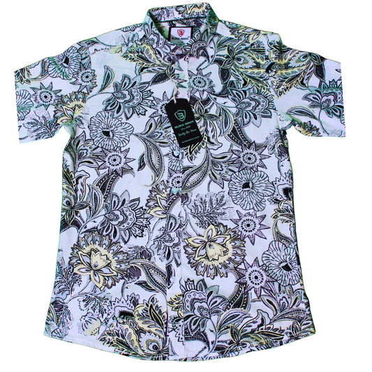 Floral Paisley Print Button-Up Shirt - White & Black